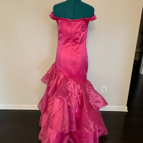 Hot Pink Trumpet Style Asymmetrical Evening Gown - Picture 4 of 4